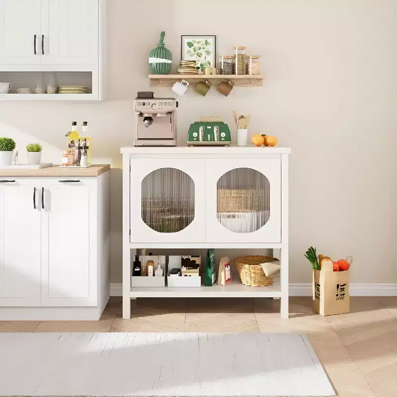 Modern Coffee Bar Cabinet with Reeded Glass Doors and Open Shelf, Buffet Sideboard Console Table for Entryway, Kitchen, Dining Room, Living Room