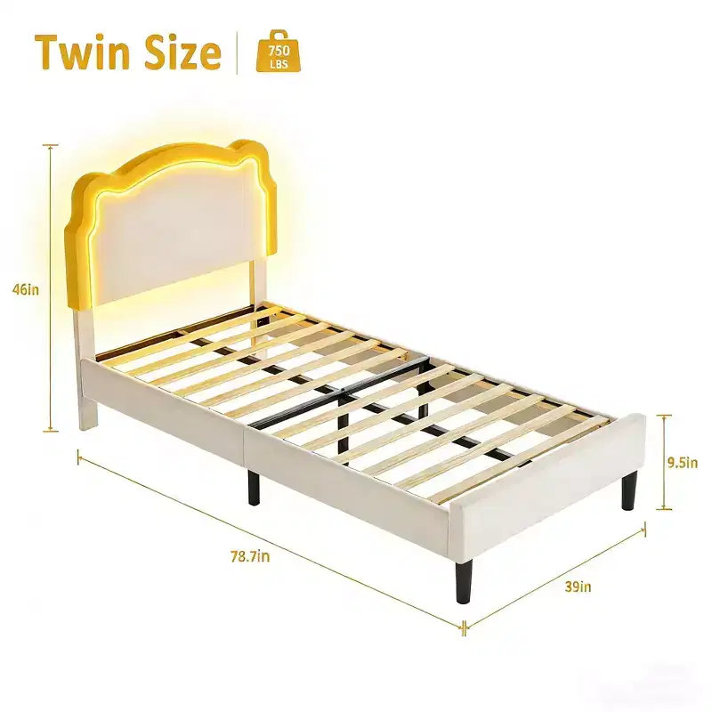 Twin Upholstered Smart LED Bed Frame with Headboard and LED, Velvet Princess Platform Bed Frame, Wooden Slats Support, No Box Spring Needed (Twin)