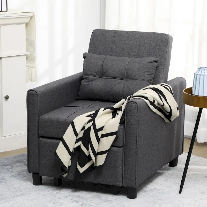 Dark Grey Polyester Single Convertible Sofa Bed with Adjustable Back