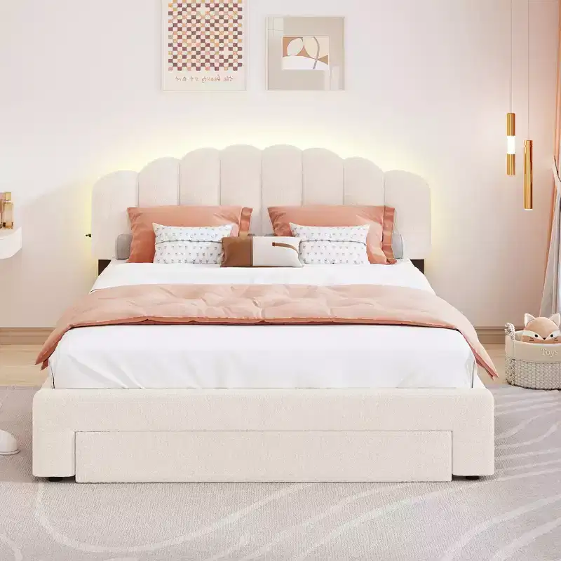 Queen Size Upholstered Teddy Fleece Platform Bed with USB Ports and Drawer-ModernLuxe
