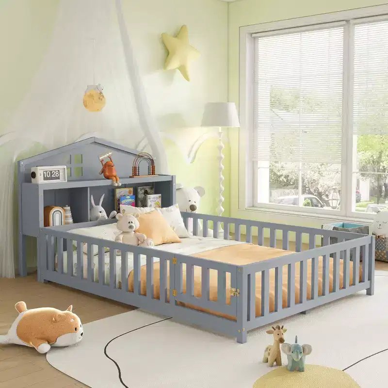 Full Montessori Floor Bed with Bookcase & Chalkboard, Solid Wood Platform Bed with Guardrails and Storage Headboard for Kids & Teens