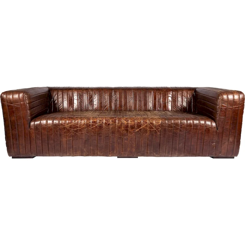 Modern Channel-Stitched Top-Grain Leather Sofa, 3-Seater